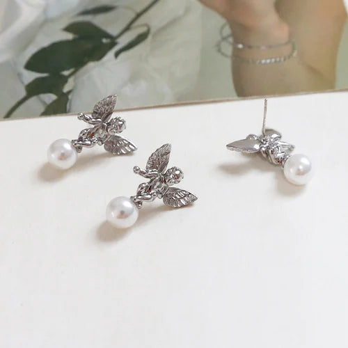 Baroque Angel Wings Pearl Earrings s925 Silver DIY Earrings Accessories