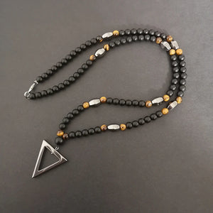 Tiger-Eye Stone Bead Long Necklace with Triangle Pendant