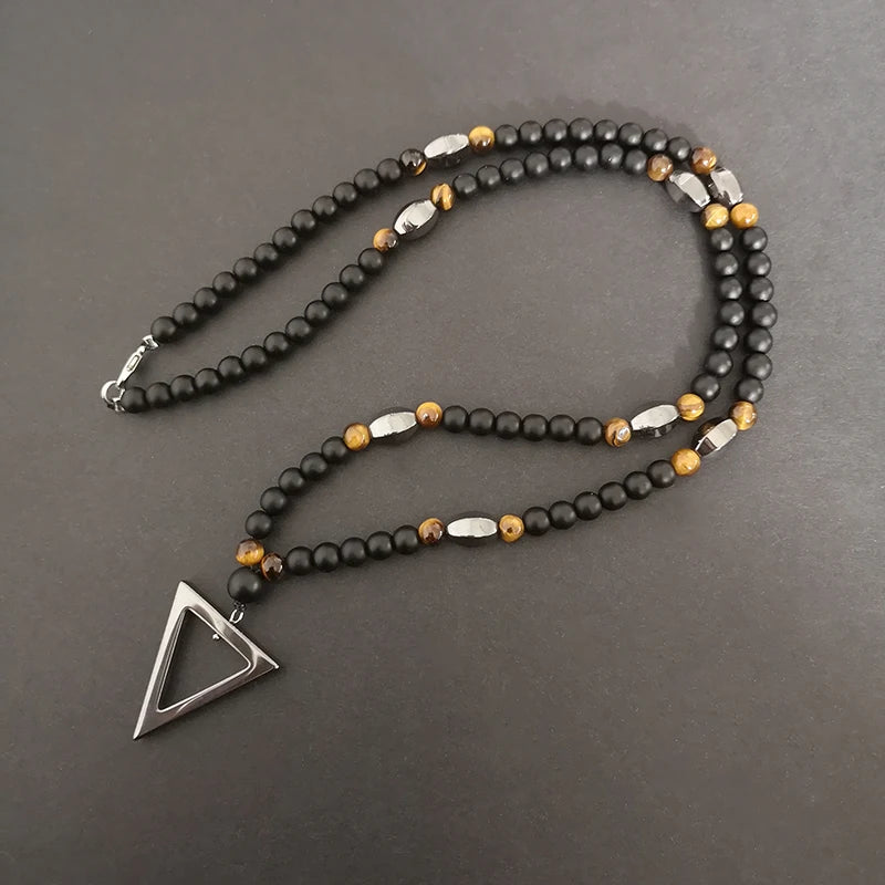 Tiger-Eye Stone Bead Long Necklace with Triangle Pendant