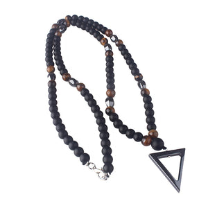 Tiger-Eye Stone Bead Long Necklace with Triangle Pendant