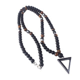 Tiger-Eye Stone Bead Long Necklace with Triangle Pendant