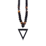 Tiger-Eye Stone Bead Long Necklace with Triangle Pendant