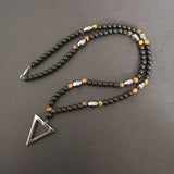 Tiger-Eye Stone Bead Long Necklace with Triangle Pendant