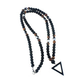 Tiger-Eye Stone Bead Long Necklace with Triangle Pendant