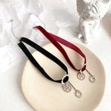 Red Punk Metal Gear Pendant Corduroy Necklace for Women