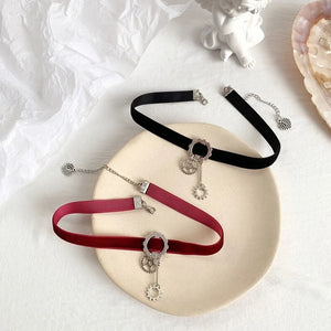Red Punk Metal Gear Pendant Corduroy Necklace for Women