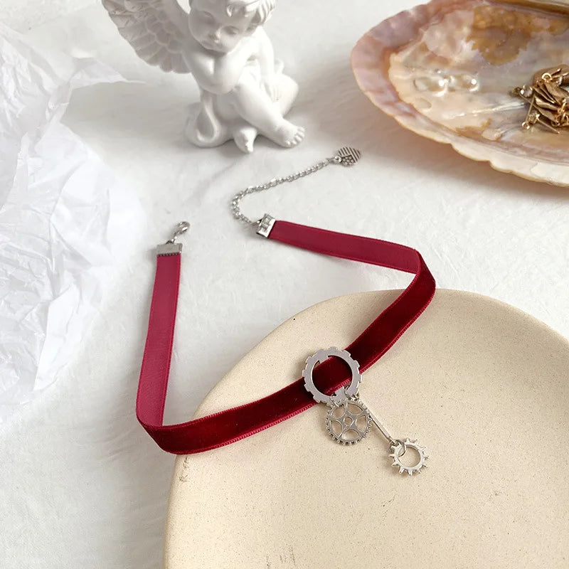 Red Punk Metal Gear Pendant Corduroy Necklace for Women