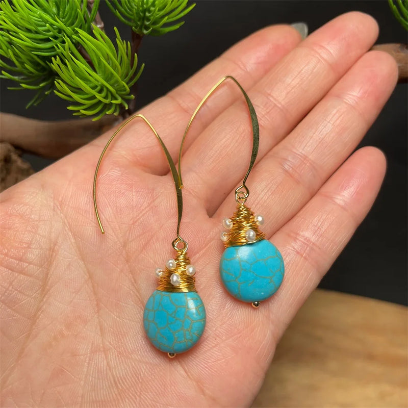 Turquoise Beads Twist Metal Drop Dangle Earrings Gem Hook Jewelry