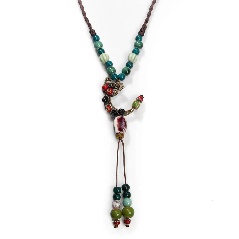Bohemian Ceramic Necklace with Butterfly and Moon Charms