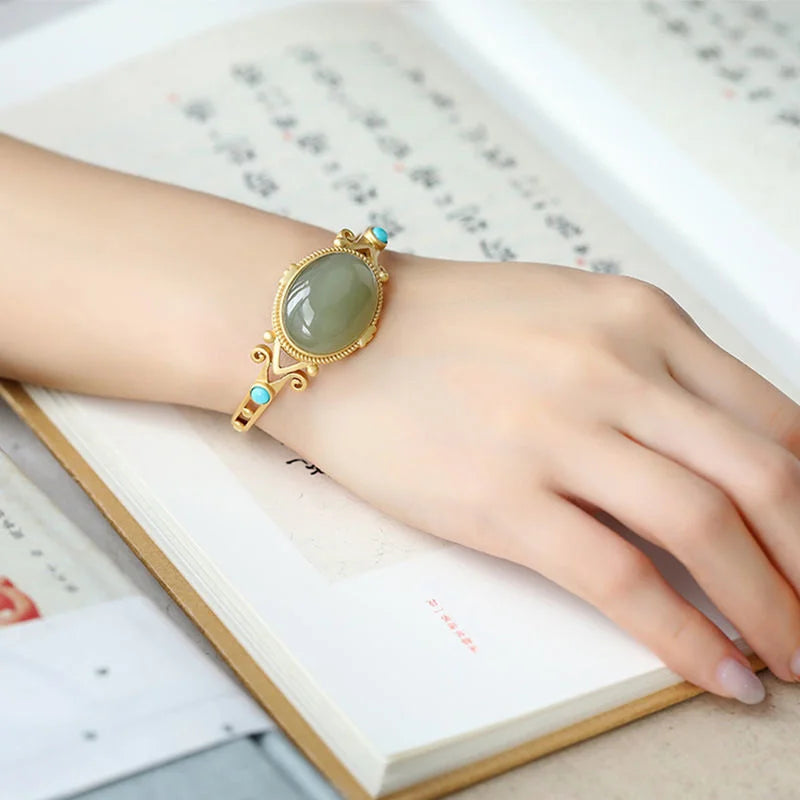 Vintage Silver 925 Hollow Jade Bangle Women Jewelry