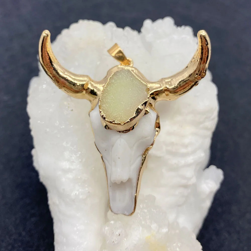 Retro Bull Head Pendant Plated Horn Crystal Necklace Gift