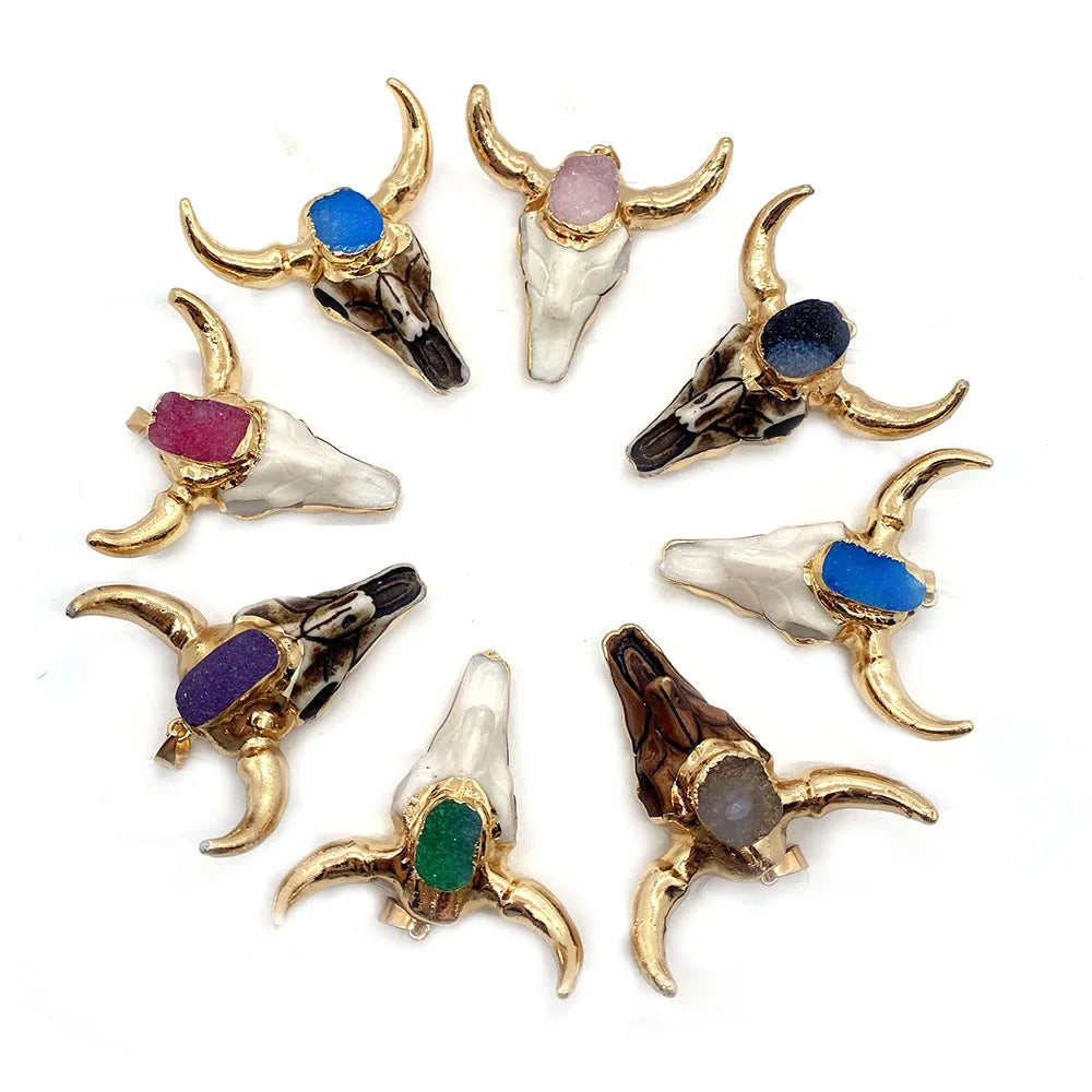 Retro Bull Head Pendant Plated Horn Crystal Necklace Gift