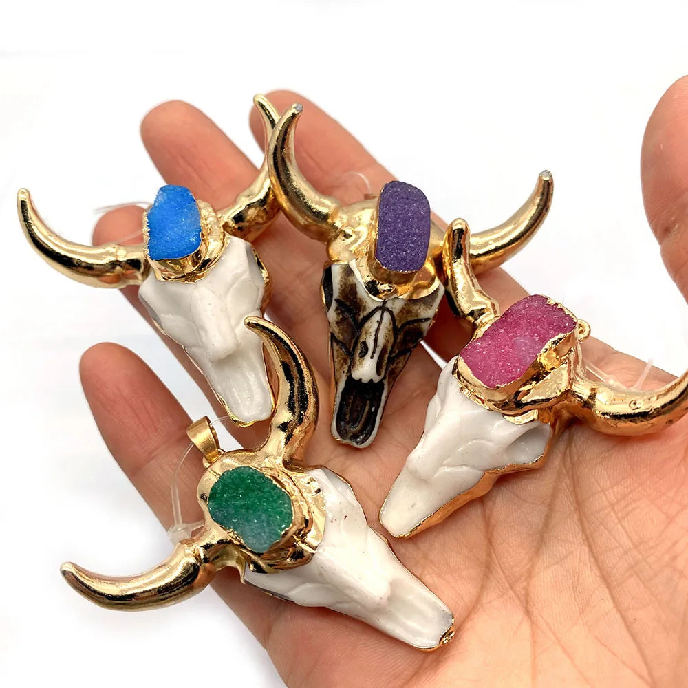 Retro Bull Head Pendant Plated Horn Crystal Necklace Gift