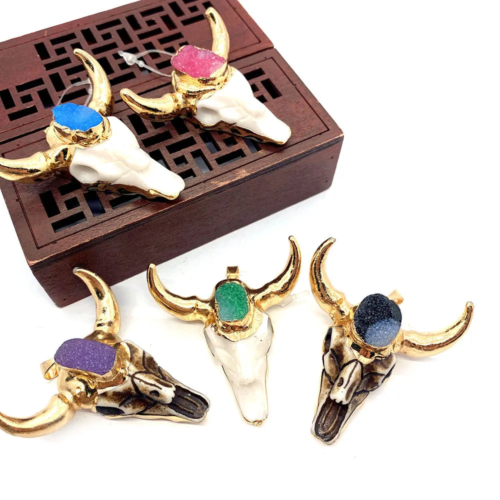 Retro Bull Head Pendant Plated Horn Crystal Necklace Gift