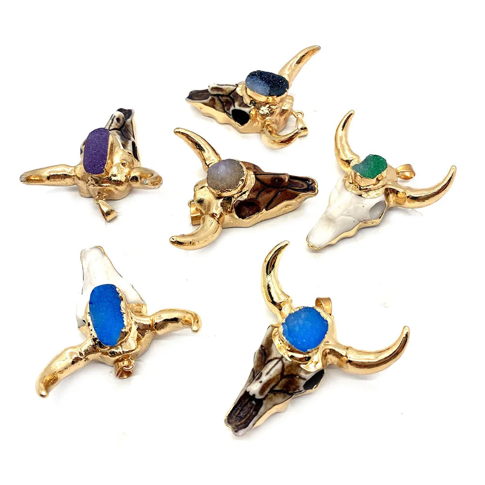 Retro Bull Head Pendant Plated Horn Crystal Necklace Gift