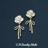Retro Camellia Bow Earrings 18K Plated Drop Earrings for Women