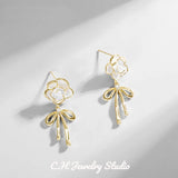 Retro Camellia Bow Earrings 18K Plated Drop Earrings for Women