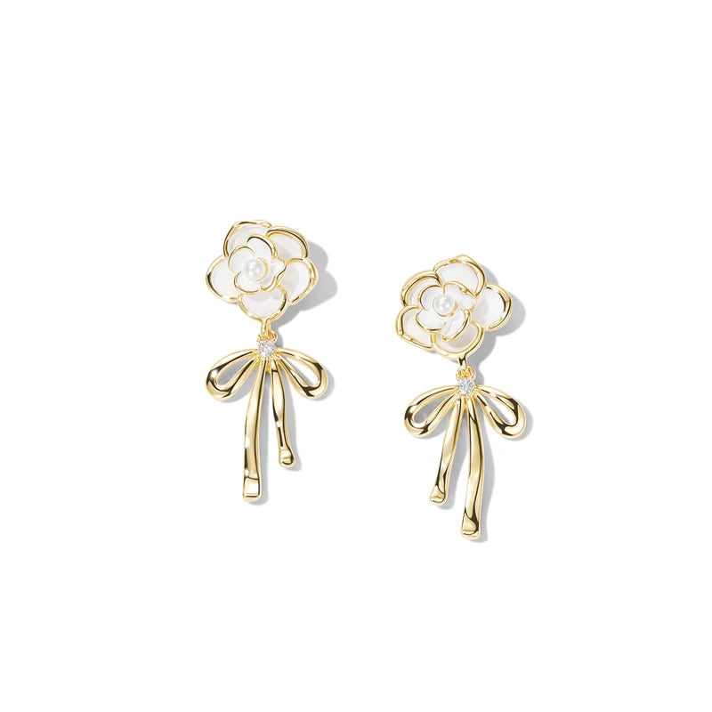 Retro Camellia Bow Earrings 18K Plated Drop Earrings for Women