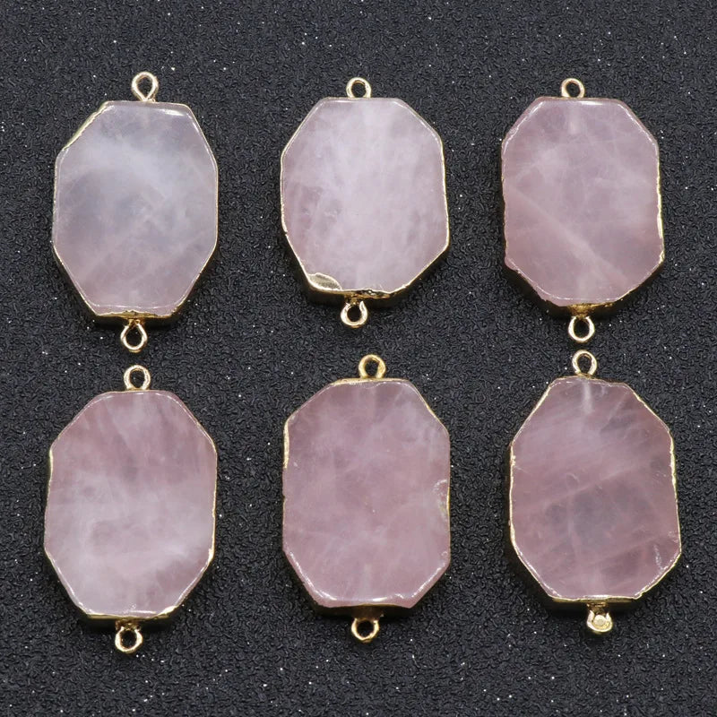 Retro Chakra Pendant Double Hole Beaded Rose Pink Crystal Quartz Stone