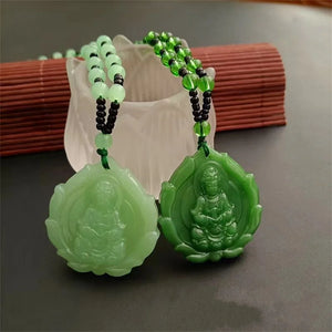 Vintage Green Jade GuanYin Buddha Pendant Amulet Necklace