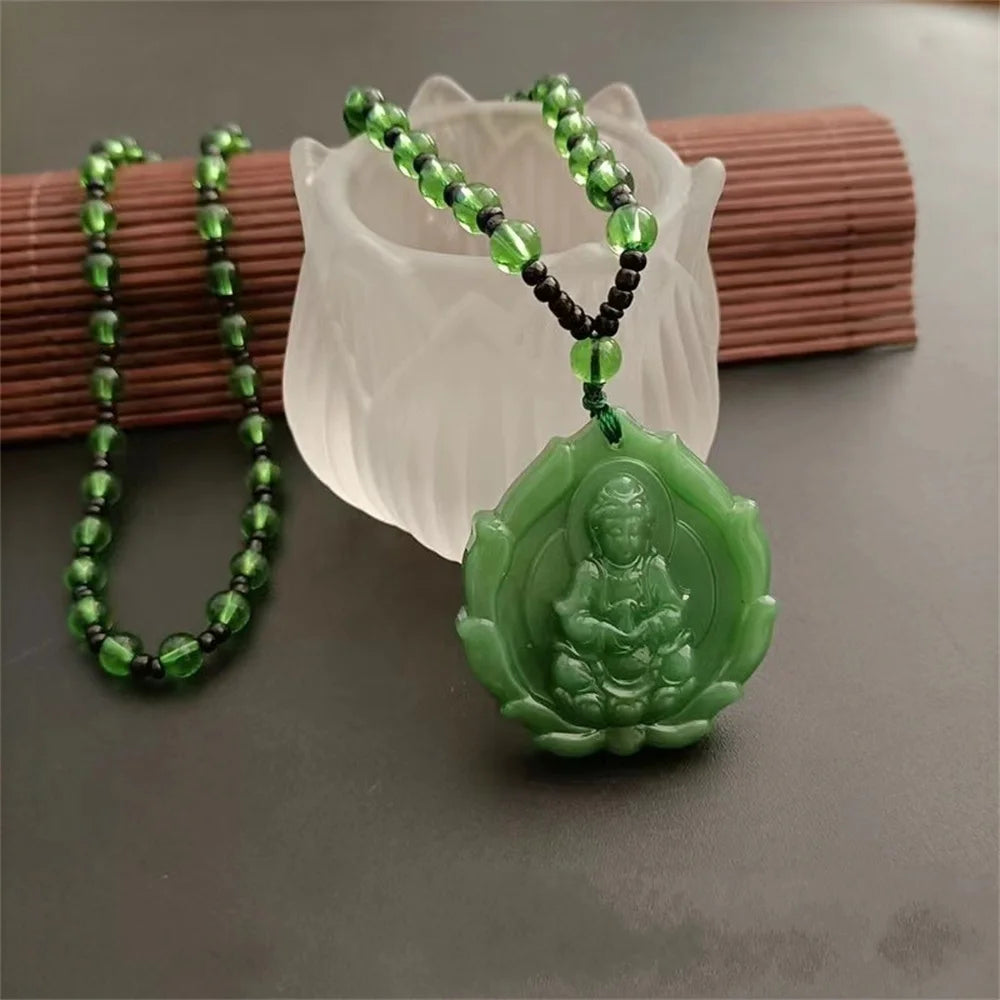 Vintage Green Jade GuanYin Buddha Pendant Amulet Necklace