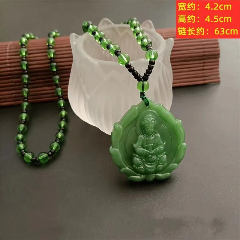 Vintage Green Jade GuanYin Buddha Pendant Amulet Necklace
