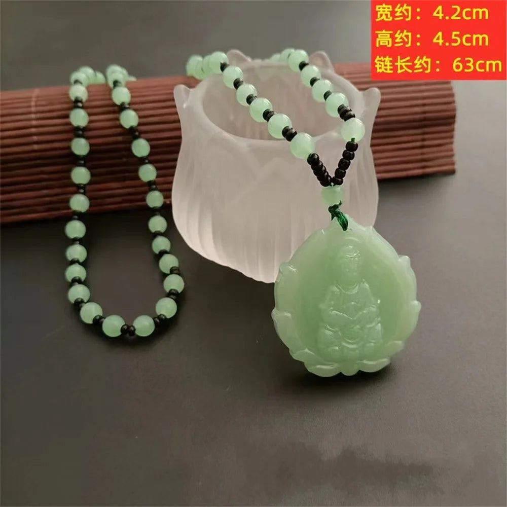 Vintage Green Jade GuanYin Buddha Pendant Amulet Necklace