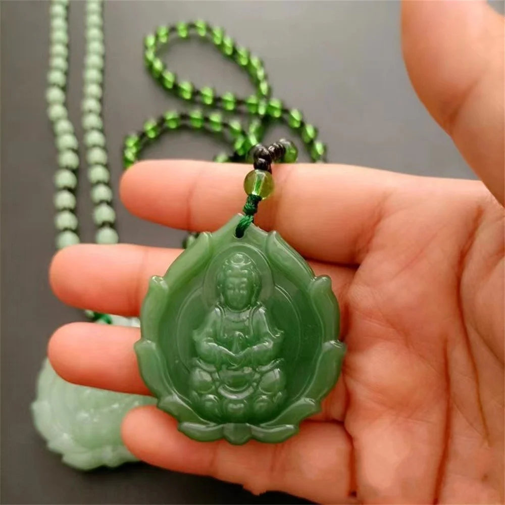 Vintage Green Jade GuanYin Buddha Pendant Amulet Necklace