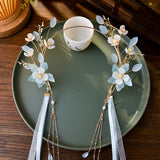 Chinese Style Flower Headband with Ribbon Tassel Pearl Hairband