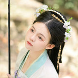 Chinese Style Flower Headband with Ribbon Tassel Pearl Hairband