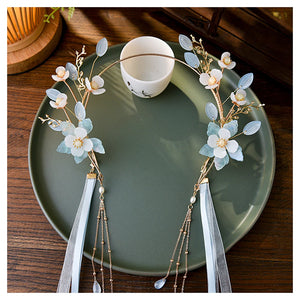 Chinese Style Flower Headband with Ribbon Tassel Pearl Hairband