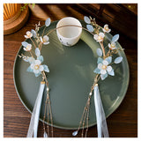 Chinese Style Flower Headband with Ribbon Tassel Pearl Hairband