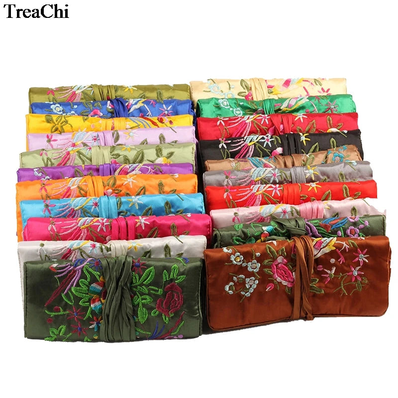 Chinese Embroidery Flower Bird Silk Jewelry Travel Pouches