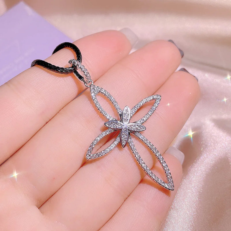 Retro Crystal Cross Necklace Zirconia Choker Pendant