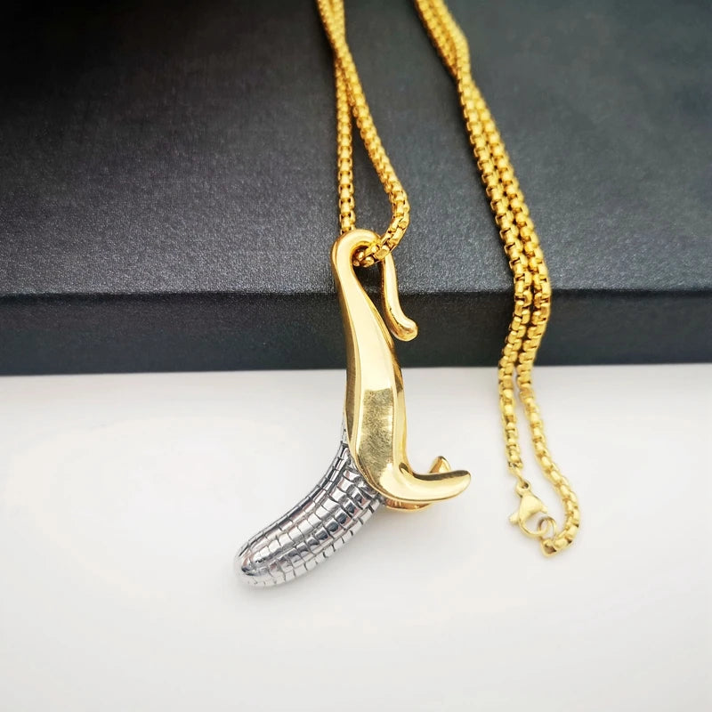 2 Tone Banana Pendant Necklace Stainless Steel 3D Fruit Jewelry