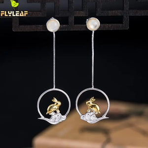 Vintage Coloured Glaze Rabbit Long Earrings 925 Silver Chinese Style