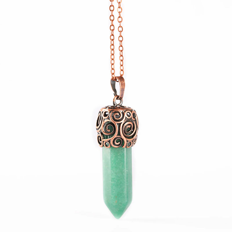 Retro Copper Hexagonal Column Crystal Pendant Necklace