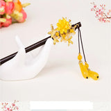Vintage Yellow Flower Hair Stick with Water Drop Pendant