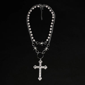 Retro Cross Pearl Necklace Gothic Metal Jewelry for Women
