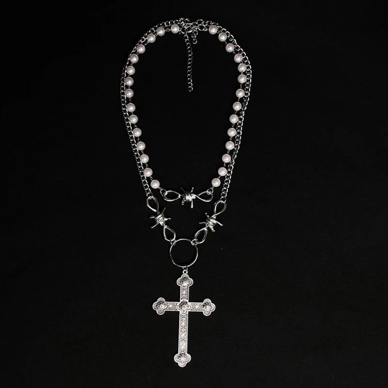 Retro Cross Pearl Necklace Gothic Metal Jewelry for Women