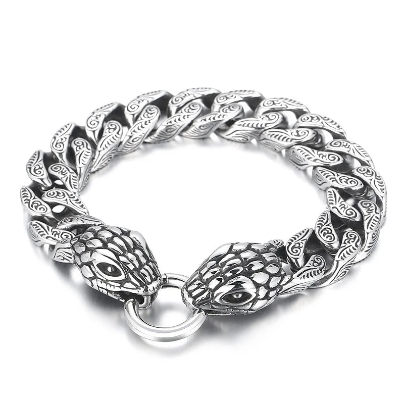 Retro Cuban Chain Bracelet Double Snake Head Punk Titanium Steel Men's