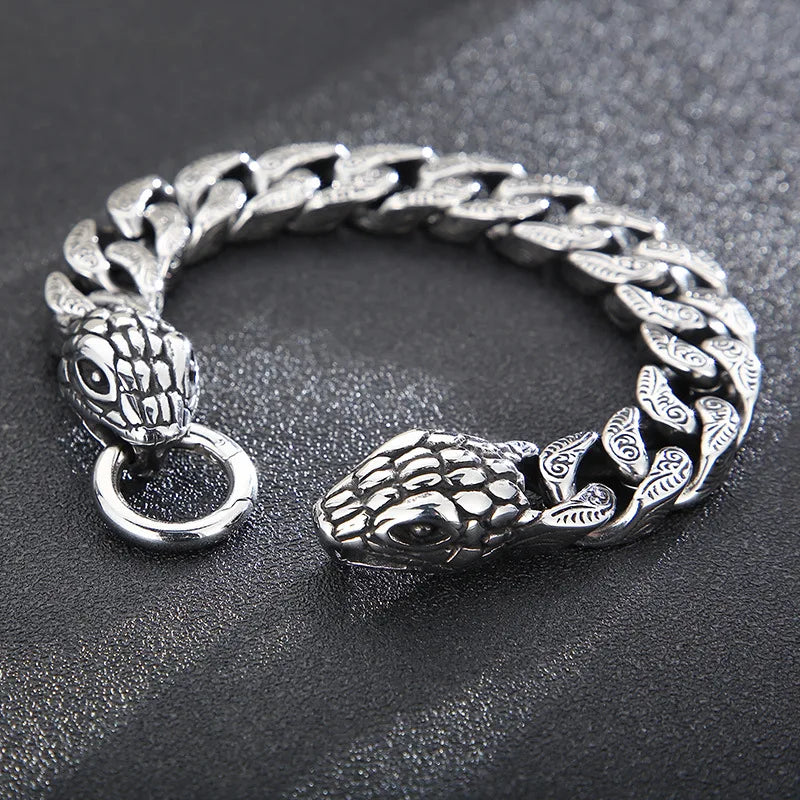 Cuban Chain Bracelet Titanium Steel Double Snake Head Punk Casting