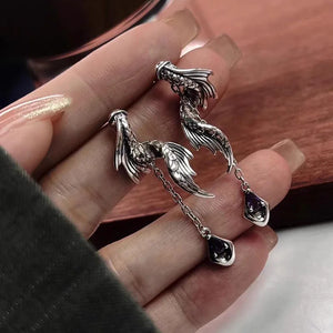 Vintage Deep Sea Dragon Tail Chain Earrings 925 Silver Tassel Wings Earring