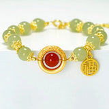 Natural Hotan Jade Bead Bracelet Retro Chinese Style Craft Bangle Jewelry