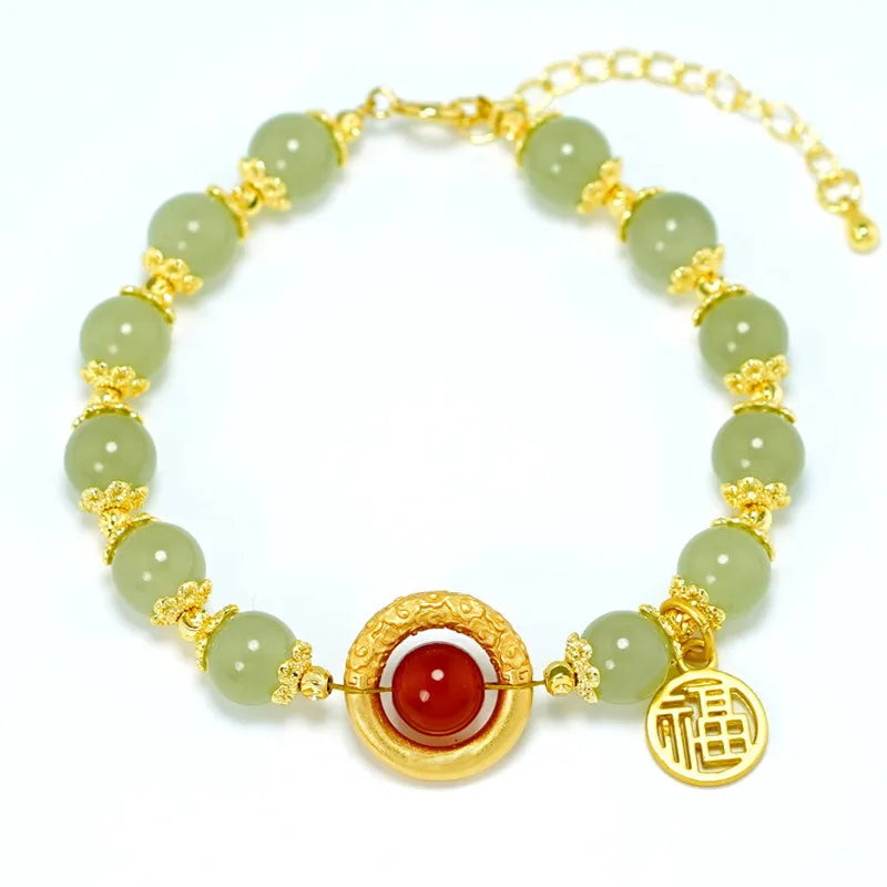 Natural Hotan Jade Bead Bracelet Retro Chinese Style Craft Bangle Jewelry