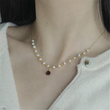 Natural Pearls Red Garnet Pendant Necklace For Women Choker 925 Silver Chain