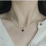Natural Pearls Red Garnet Pendant Necklace For Women Choker 925 Silver Chain