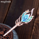 Enamel Feather Crystal Hair Clip Sticks Rhinestone Hairpin Jewelry