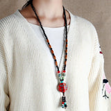 Ethnic Wooden Beads Ceramic Pendant Necklace N009