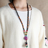 Ethnic Wooden Beads Ceramic Pendant Necklace N009
